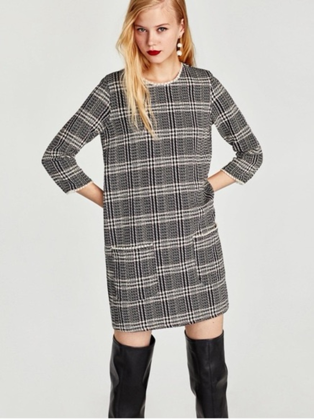 Zara Trafaluc tweed shift dress black-and-white plaid large